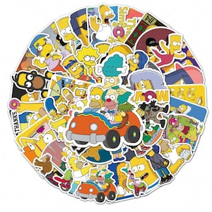 May include: A collection of colorful stickers featuring characters from The Simpsons animated television series. The stickers showcase various characters and scenes, with vibrant yellow, blue, and red hues. The stickers are arranged in a circular pattern.