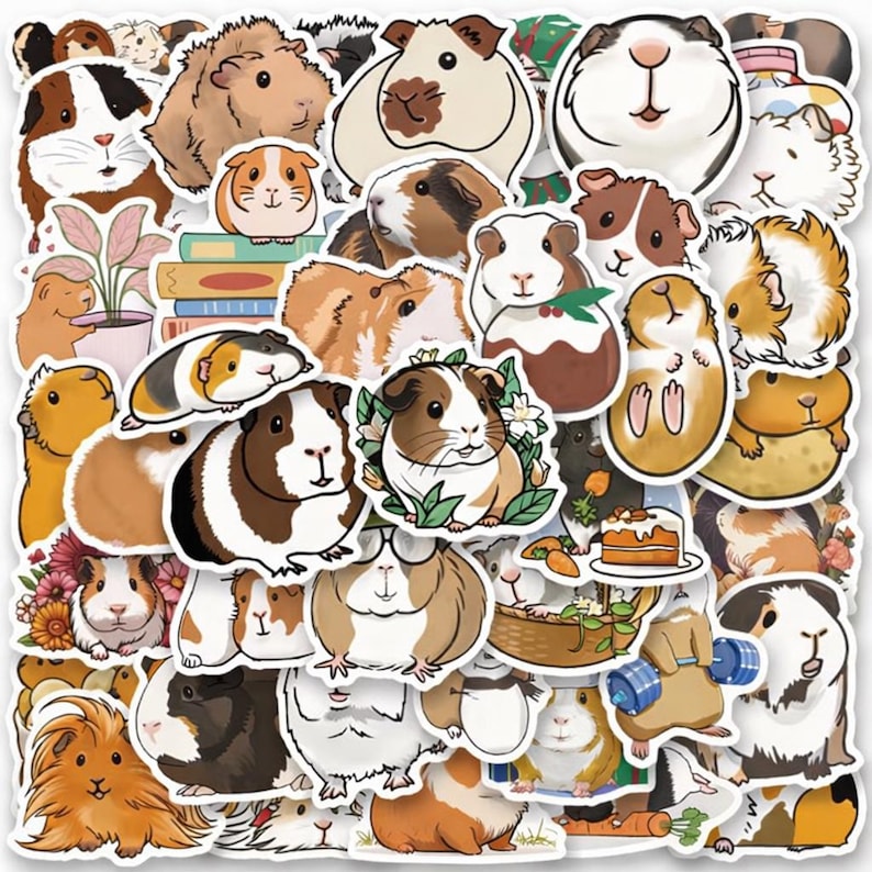 Peut inclure: Un ensemble d'autocollants de cochons d'Inde color&eacute;s dans diverses poses et designs. Les autocollants pr&eacute;sentent des cochons d'Inde dans des tons de marron, blanc et orange, certains tenant des objets comme des livres et des carottes. Sur fond blanc.