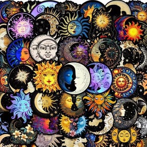 May include: A collection of celestial-themed stickers featuring suns, moons, and stars in various artistic styles. The stickers showcase a diverse color palette, including gold, blue, purple, and orange, set against a black background. The designs range from detailed faces to abstract patterns.