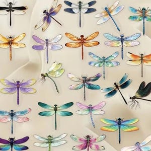May include: A collection of colorful dragonfly stickers in various sizes and designs. The dragonflies feature a range of colors, including blue, green, orange, purple, and yellow. The wings have intricate patterns, and the bodies are slender and detailed. The background is a neutral beige.