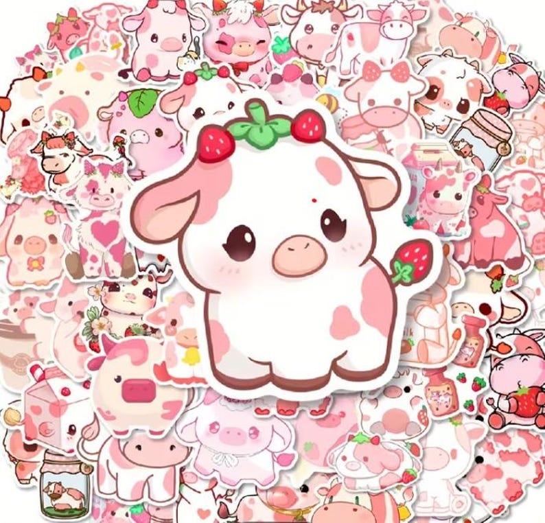 Kawaii Strawberry Cow Stickers Cute Pink Cow Sticker Pack Pastel Animal ...