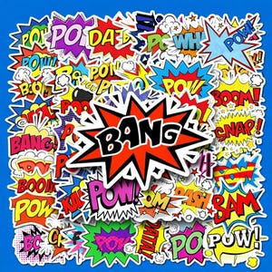 May include: A collection of colorful comic book-style stickers with various sound effects like "POW," "BANG," and "BOOM." The stickers feature bold text and starburst designs in red, yellow, blue, and green, set against a vibrant blue background.