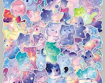 Stickers chat galaxie cosmique, vinyle imperméable, joli paquet d'autocollants chat Kawaii pastel, pour journaux, ordinateurs portables, bouteilles d'eau, planches à roulettes
