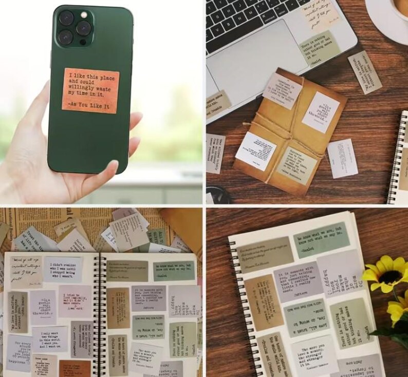 May include: A green phone case with a quote from "As You Like It" on a brown sticker. The image also shows a laptop, a notebook, and several small paper notes with text, suggesting a stationery or journaling theme.