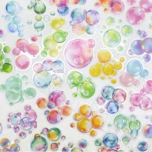 May include: A collection of colorful bubble stickers in various sizes and shades. The stickers feature a watercolor effect with hues of pink, blue, green, yellow, and orange. The bubbles are clustered together, creating a playful and whimsical design.