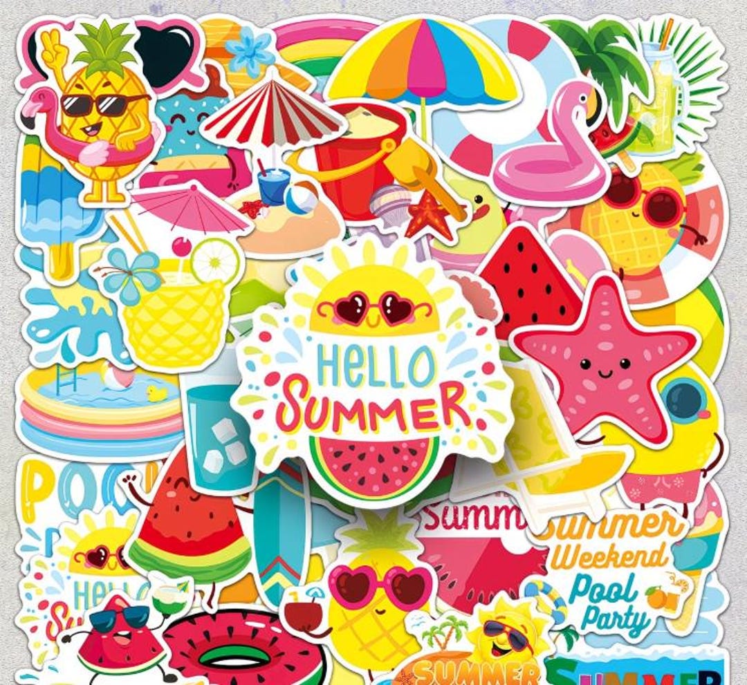 Summer Stickers Pack, Cute Tropical Beach Vinyl Decals for Water ...