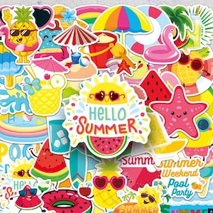 May include: A collection of colorful summer-themed stickers. The stickers feature images of pineapples, flamingos, suns, watermelons, and beach accessories. Text includes "Hello Summer" and "Summer Weekend Pool Party".