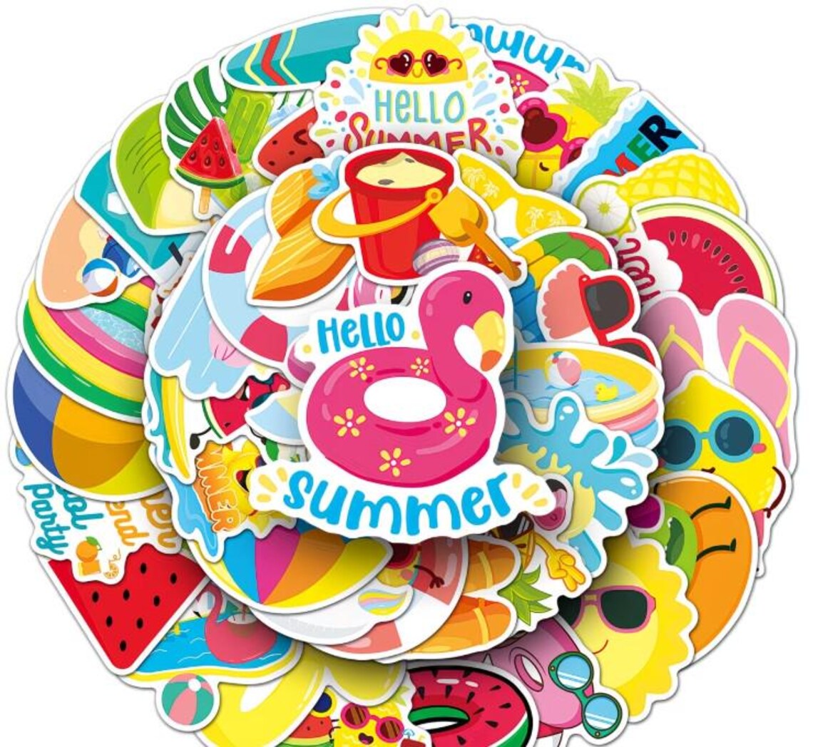 Summer Stickers Pack, Cute Tropical Beach Vinyl Decals for Water ...