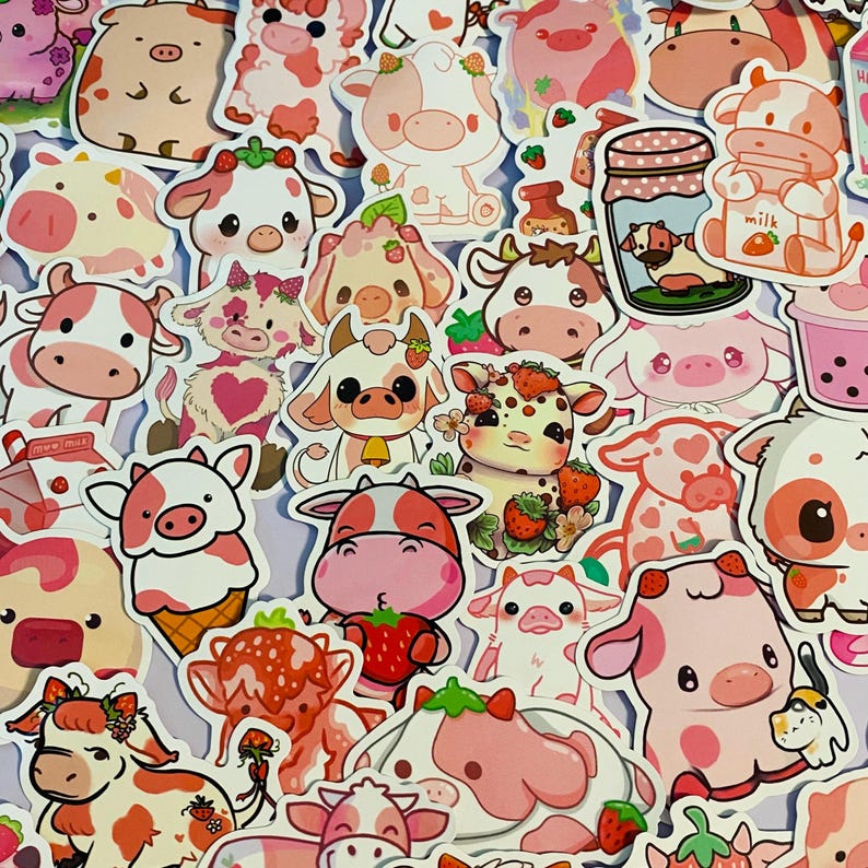 Kawaii Strawberry Cow Stickers Cute Pink Cow Sticker Pack Pastel Animal ...