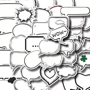 May include: A collection of white speech bubble stickers with black outlines. The bubbles vary in shape, including cloud, heart, and rectangular designs. Some bubbles have text, such as "WOW~", and others feature graphic elements like a four-leaf clover.