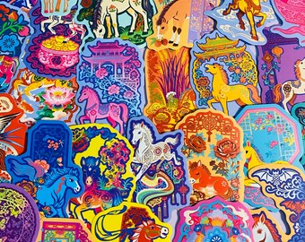 Lunar Horse Stickers, Year of the Horse Luck Chinese Zodiac Vinyl Decal, Journals, Laptop, Water Bottle, Colorful Folk Art Celebration Decor