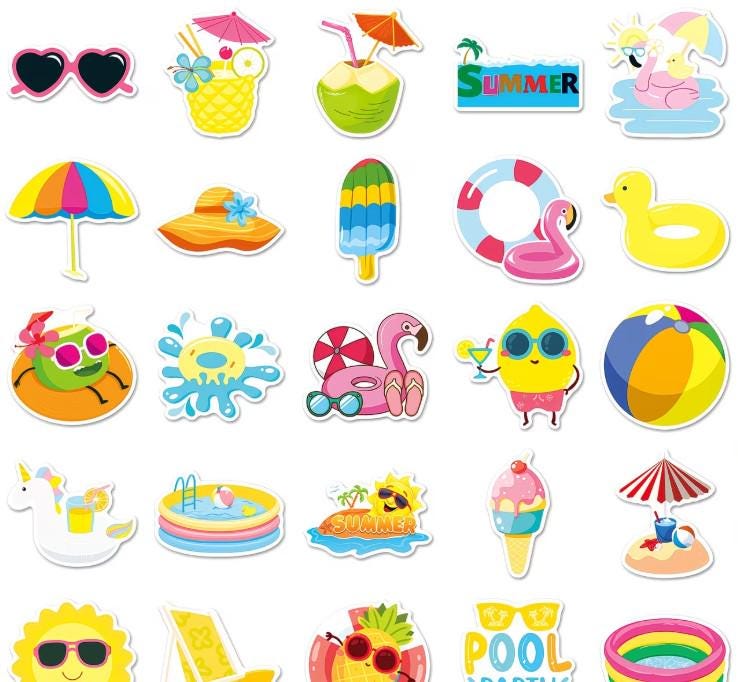 Summer Stickers Pack, Cute Tropical Beach Vinyl Decals for Water ...