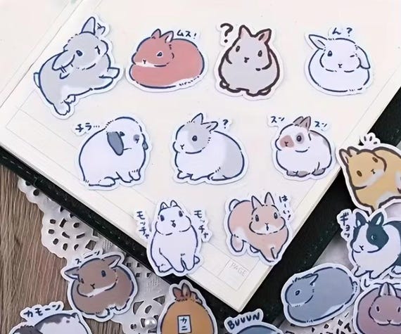 Kawaii Bunny Stickers, Small Rabbit Vinyl Sticker Pack for Journals, Planners & Water Bottles, Cute Minimal Animal Aesthetic Decals