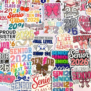 May include: A collection of colorful stickers with the theme of "Senior 2026". The stickers feature various designs, including bows, graduation caps, and the text "Senior 2026" in different fonts and colors. Ideal for graduation.