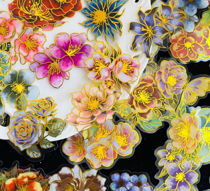 Transparent Gold Floral Stickers Botanical Flower Sticker Pack Elegant ...