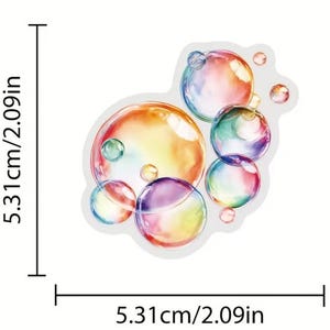 May include: A sticker depicting a collection of iridescent bubbles in various sizes. The bubbles are in shades of orange, yellow, green, blue, and purple. The sticker measures 5.31 cm by 5.31 cm (2.09 in x 2.09 in).