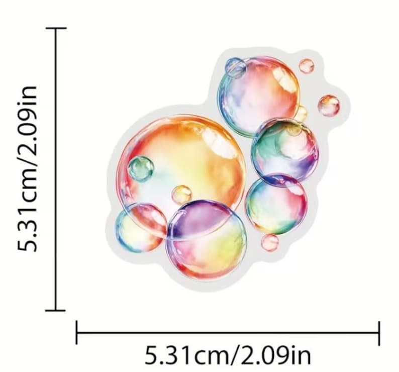 May include: A sticker depicting a collection of iridescent bubbles in various sizes. The bubbles are in shades of orange, yellow, green, blue, and purple. The sticker measures 5.31 cm by 5.31 cm (2.09 in x 2.09 in).