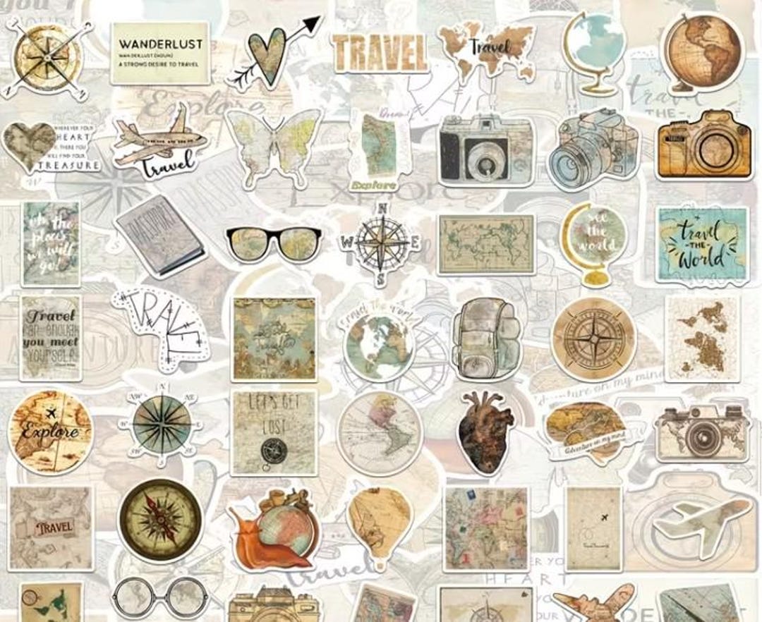 Travel Sticker Pack Vintage, World Map Adventure Stickers, Aesthetic ...