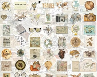 Travel Sticker Pack Vintage, World Map Adventure Stickers, Aesthetic Wanderlust Decals for Journal Scrapbook Laptop Travel Lover Gift