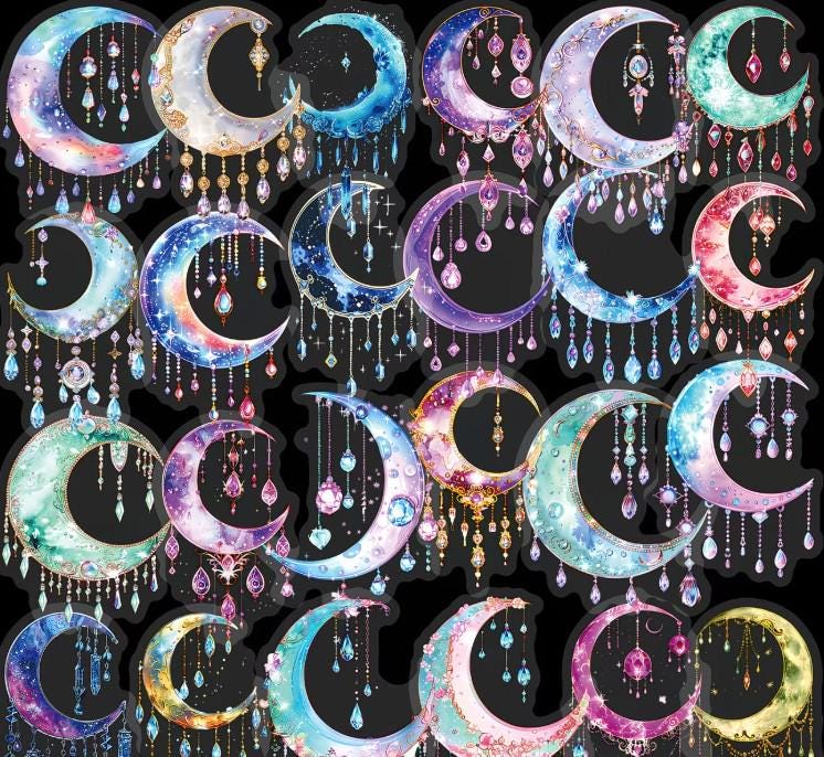 Crescent Sticker Crescent Moon Sticker Pack Transparent, Celestial Crystal Moon Stickers ...