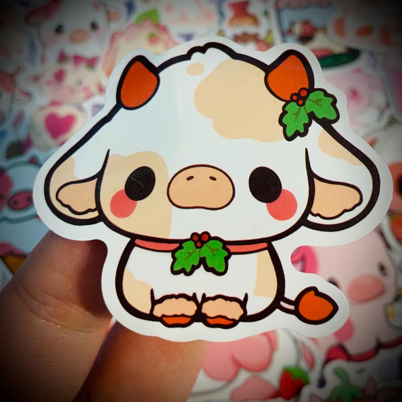 Kawaii Strawberry Cow Stickers Cute Pink Cow Sticker Pack Pastel Animal ...