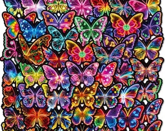 Neon Butterfly Sticker Pack, Glow Aesthetic Butterfly Stickers, Colorful Psychedelic Decals for Laptop Water Bottle