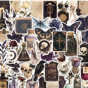 May include: A collection of vintage-style stickers featuring gothic and occult themes. The stickers include butterflies, skulls, potion bottles, books, ravens, and floral elements in shades of black, purple, and cream.