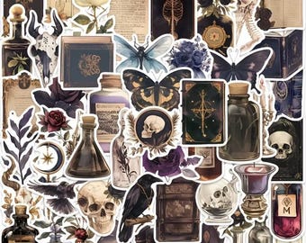 Dark Academia Stickers Pack, Gothic Apothecary Vinyl Decals Skulls, Spell Books & Vintage Occult Art for Laptops, Journals and Water Bottles
