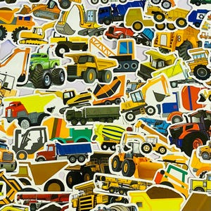 May include: A collection of colorful construction vehicle stickers. The stickers feature various types of trucks, excavators, and other heavy machinery in yellow, orange, blue, and green. The stickers are of different sizes and shapes.