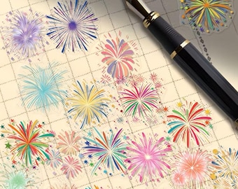 Pack d'autocollants transparents colorés de feux d'artifice, autocollants scintillants de célébration, autocollants de fête du nouvel an du 4 juillet pour journal d'ordinateur portable