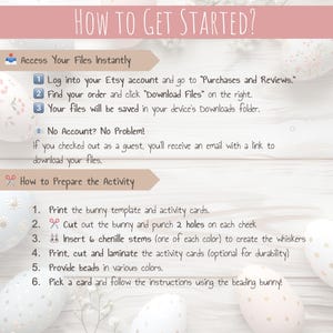 May include: Instructions for a bunny beading activity. The steps include printing, cutting, and laminating activity cards, inserting chenille stems, and using beads to create a bunny.