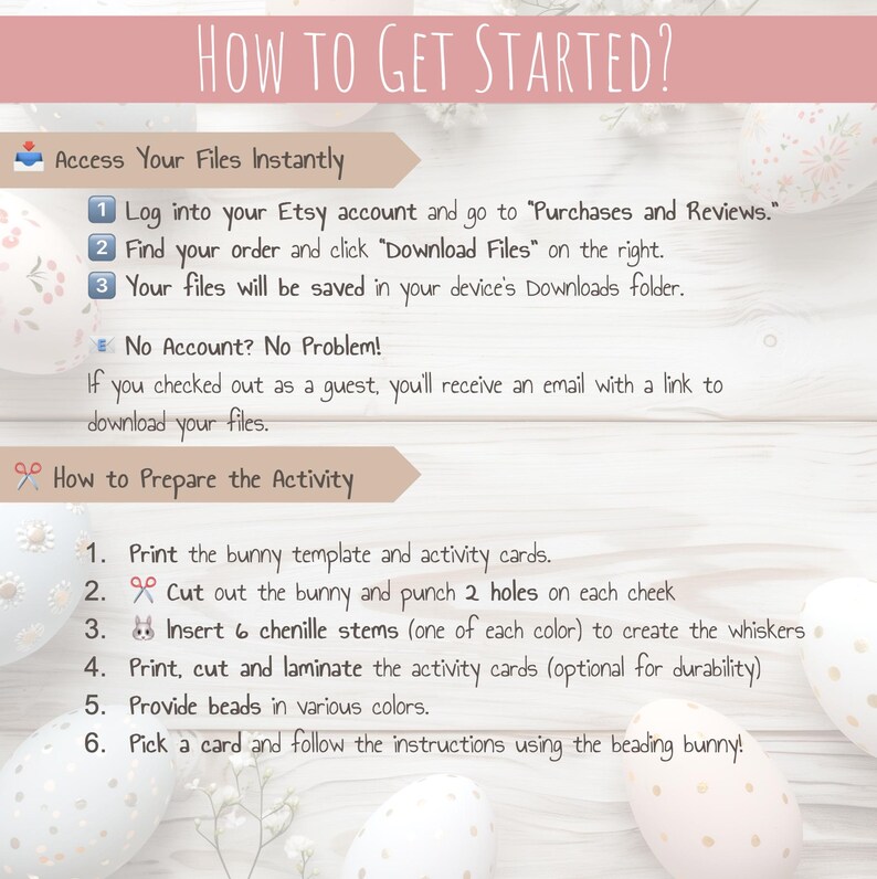 May include: Instructions for a bunny beading activity. The steps include printing, cutting, and laminating activity cards, inserting chenille stems, and using beads to create a bunny.