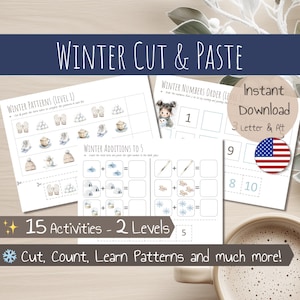 Winter Cut and Paste – Cut Out and Glue Activity – Preschool Cutting Practice – Scissors Practice for Toddlers – Printable – Homeschool