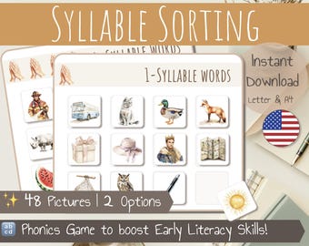 Syllable Sorting Activity | Phonics Cards | Sort the words |  Syllables Activity | Phonological Awareness | Montessori inspired | Printable