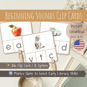 Tarjetas con clips para sonidos iniciales / Tarjetas con sonidos iniciales correspondientes / Tarjetas fonéticas / Sonidos iniciales de la A a la Z / Inspiradas en Montessori / Imprimibles