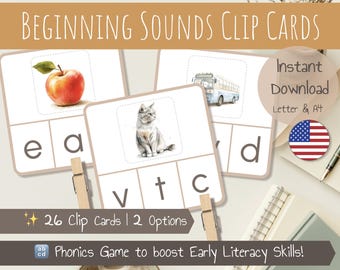 Beginning Sounds Clip Cards | Matching Initial Sounds | Phonics Cards | A to Z beginning Sounds | Montessori inspired | Printable