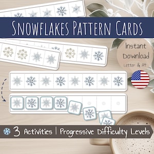 Schede con motivi di fiocchi di neve – Giochi di riconoscimento di motivi – Copia Completa Estendi il motivo – Apprendimento per bambini piccoli e in età prescolare – Attività stampabile