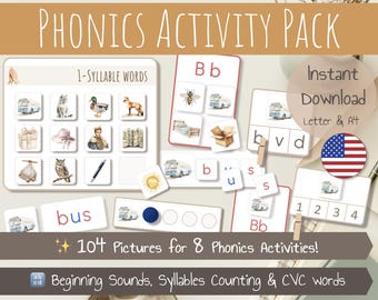 Phonics Activity Set | 8 Phonics Games | 3 Beginning Sounds - 3 Syllable Counting - 2 CVC words activities | Montessori inspired | Printable
