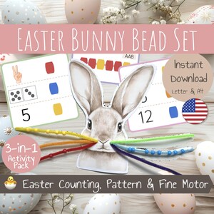 May include: Easter bunny bead set with colorful beads and cards for counting, pattern recognition, and fine motor skills. The cards feature numbers, dice, and a peace sign. The set includes a bunny head with a mustache for threading the beads.