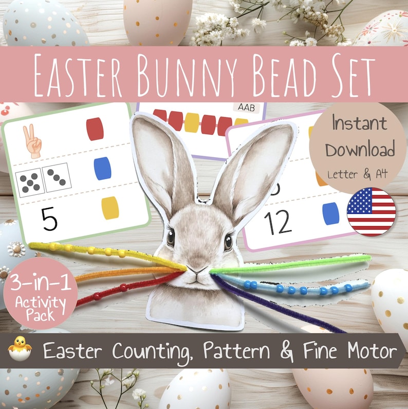 May include: Easter bunny bead set with colorful beads and cards for counting, pattern recognition, and fine motor skills. The cards feature numbers, dice, and a peace sign. The set includes a bunny head with a mustache for threading the beads.