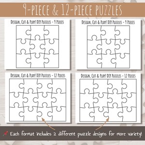 May include: Four black and white printable puzzle templates. Two templates are for 9-piece puzzles and two templates are for 12-piece puzzles. The text "DESIGN, CUT & PLAY! DIY PUZZLES" is at the top of each template.