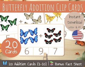 Tarjetas de suma con forma de mariposa / 20 tarjetas imprimibles para contar y recortar / Insectos de primavera: suma de números del 1 al 10 / Preescolar y jardín de infantes