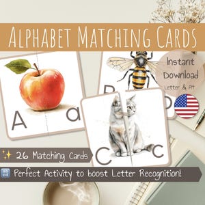 26 cartes assorties alphabet | Correspondance alphabétique | Cartes ABC illustrées | Reconnaissance des lettres | Lettres majuscules et minuscules | Imprimable