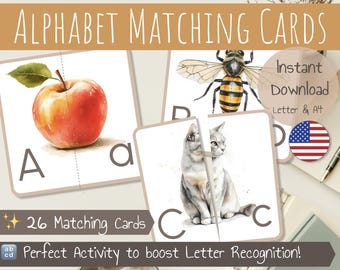 26 Alphabet Matching Cards | Alphabet Match | Illustrated ABC Cards | Letters Recognition | Uppercase & Lowercase Letters | Printable