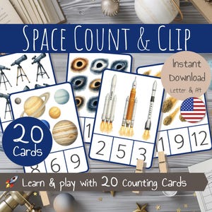 Cartes à compter – Cartes à dénombrer – Cartes à pinces – Jeu de Numération – Montessori – Thème Espace Astronomie & Exploration – PDF