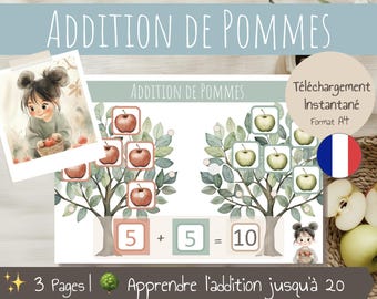 French Apple Tree Addition – Game for adding Numbers up to 20 - Printable Addition Activity – Fun Preschool Math – Montessori-Inspired