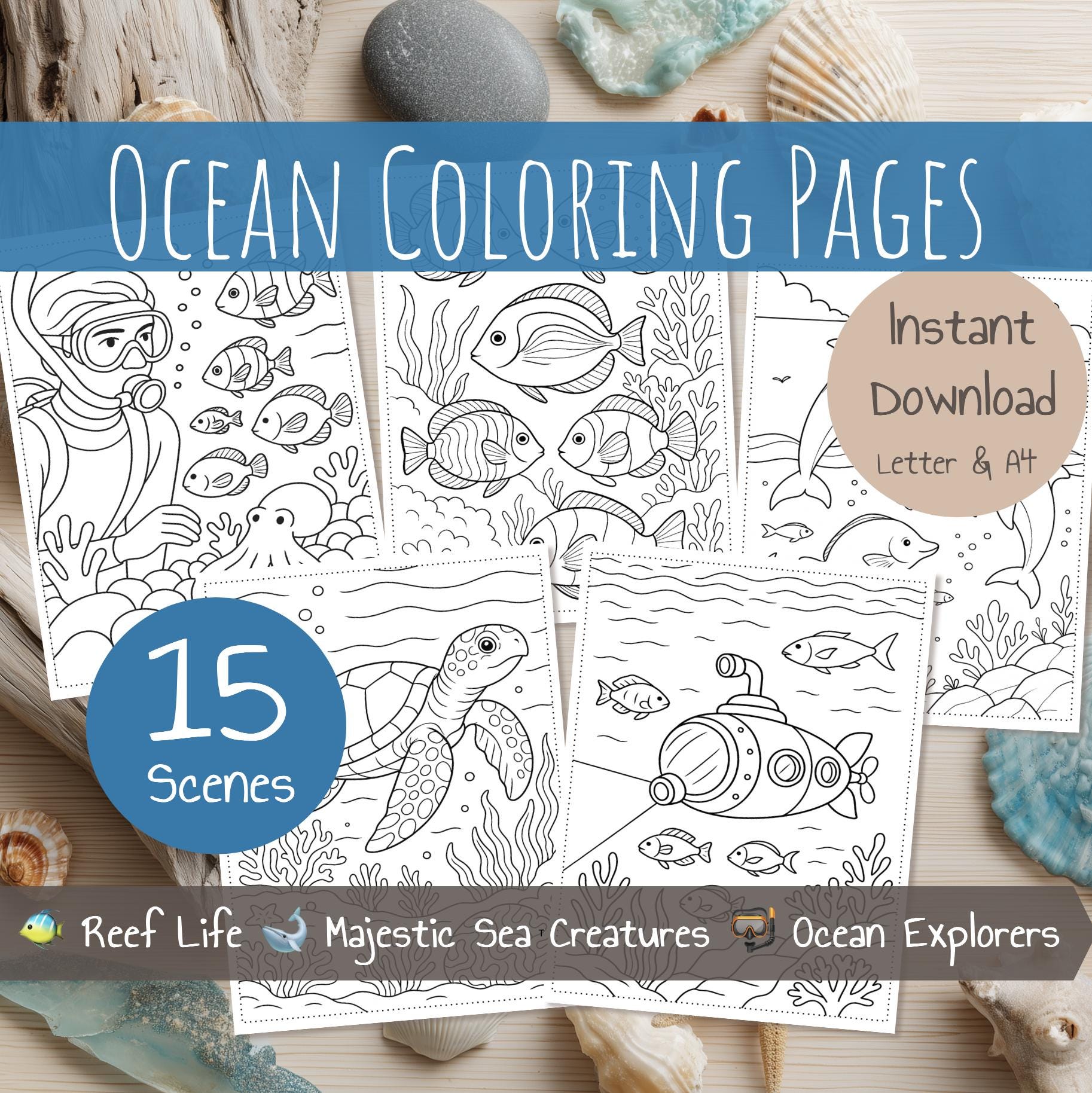 Ocean Coloring Pages | 15 Printable Sheets for Kids | Under the Sea Coloring Book | Summer Activities for Preschool and Kindergarten | PDF