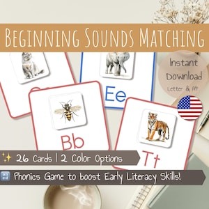 Begingeluiden Matching-activiteit | Bijpassende begingeluiden | Phonics-kaarten | Dierenthema | Montessori-geïnspireerd | Afdrukbaar