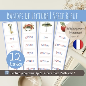 Peut inclure: Cartes éducatives avec illustrations et mots français. Les cartes présentent des images d'une clé, d'un crabe, d'un parapluie et d'une pomme, avec les mots correspondants. Le texte indique "BANDES DE LECTURE | SÉRIE BLEUE" et "Lecture progressive après la Série Rose Montessori !"