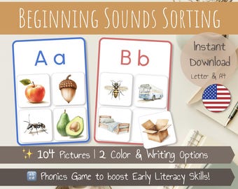 Beginning Sounds Sorting Activity | Matching Initial Sounds | Phonics Cards | Sorting Cards | Montessori inspired | Printable